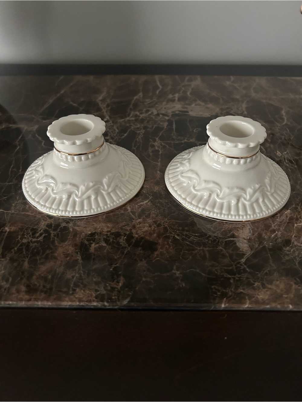 Lenox Ivory “Great Giftables” Ceramic Candle Holders with Gold Accent - Pair